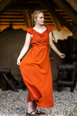 Outlet Leonardo Carbone Bodenlanges Kleid mit Schulterrüsche "Clara" Rost
