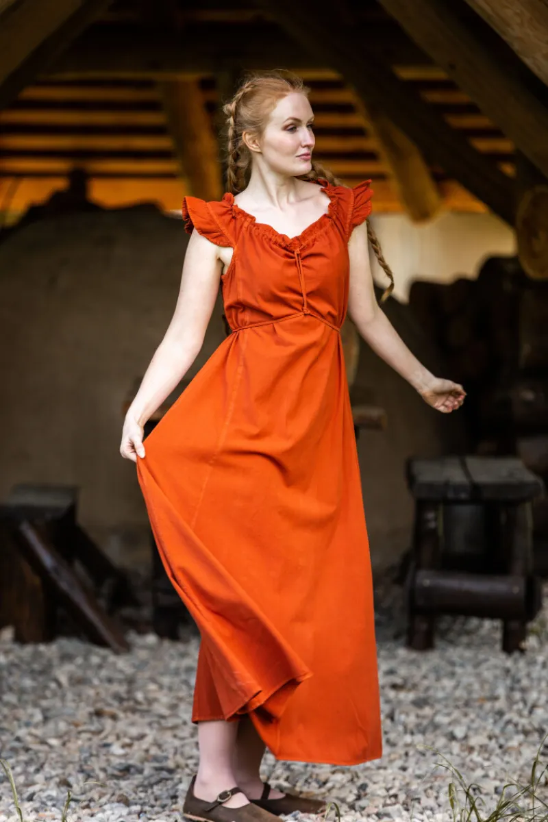 Outlet Leonardo Carbone Bodenlanges Kleid mit Schulterrüsche "Clara" Rost