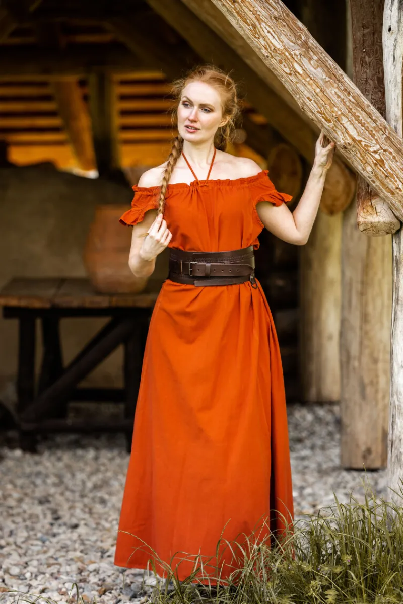 Outlet Leonardo Carbone Bodenlanges Kleid mit Schulterrüsche "Clara" Rost