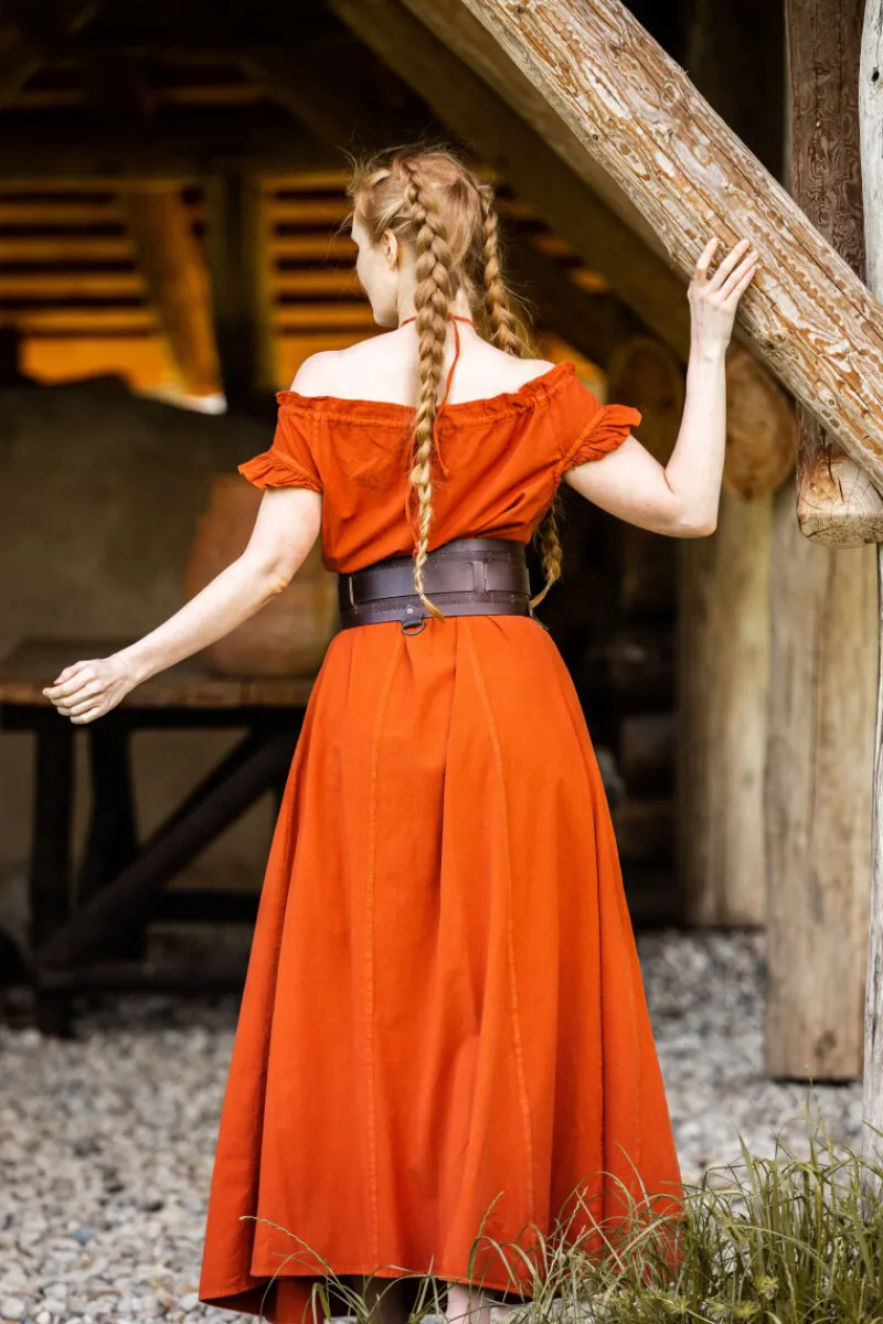 Outlet Leonardo Carbone Bodenlanges Kleid mit Schulterrüsche "Clara" Rost