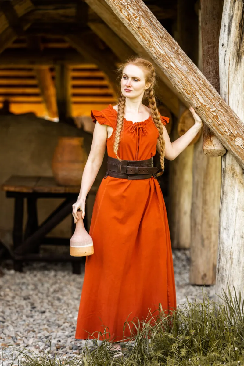 Outlet Leonardo Carbone Bodenlanges Kleid mit Schulterrüsche "Clara" Rost