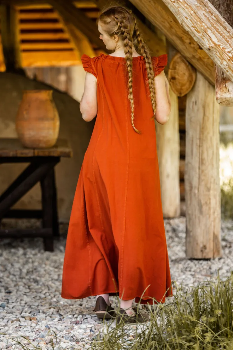 Outlet Leonardo Carbone Bodenlanges Kleid mit Schulterrüsche "Clara" Rost