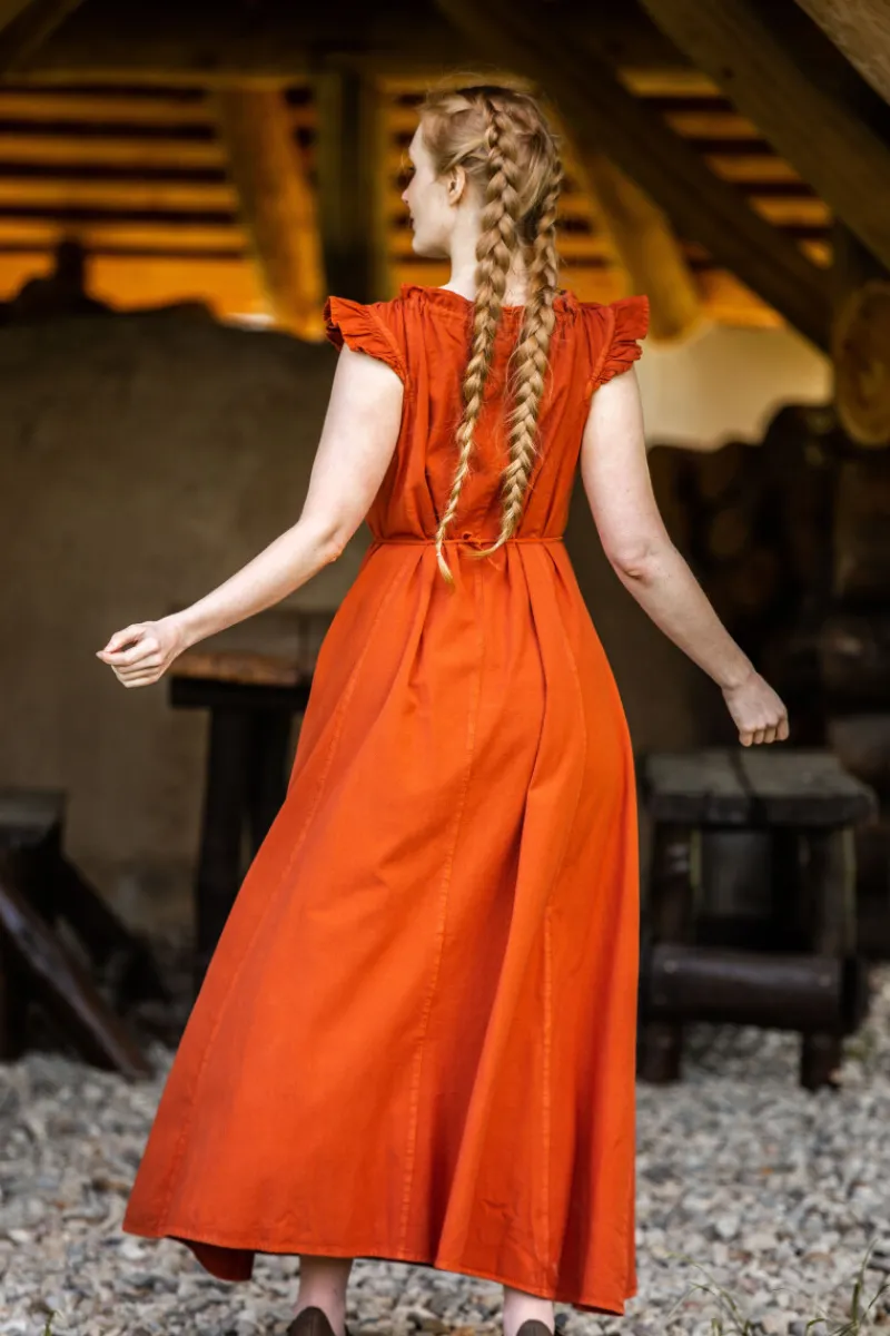 Outlet Leonardo Carbone Bodenlanges Kleid mit Schulterrüsche "Clara" Rost