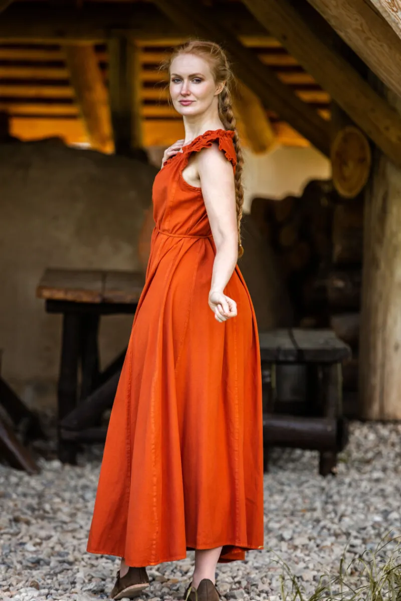 Outlet Leonardo Carbone Bodenlanges Kleid mit Schulterrüsche "Clara" Rost