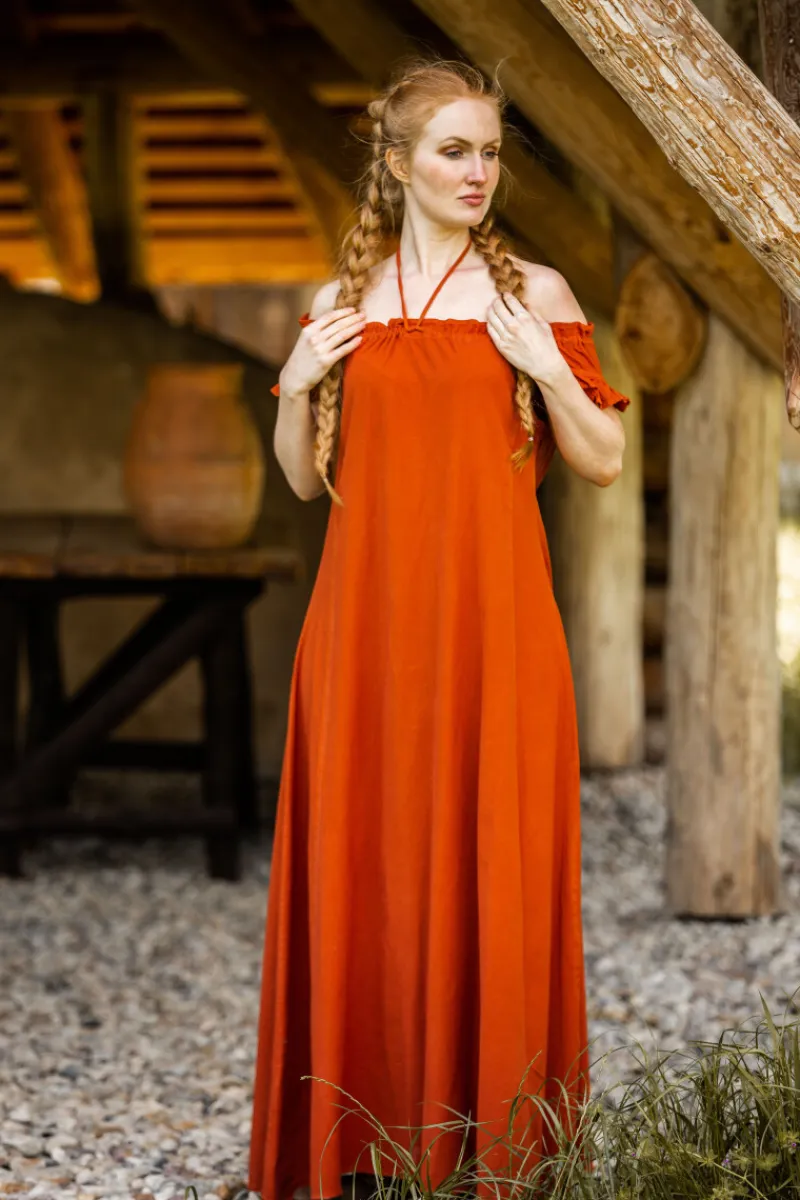 Outlet Leonardo Carbone Bodenlanges Kleid mit Schulterrüsche "Clara" Rost