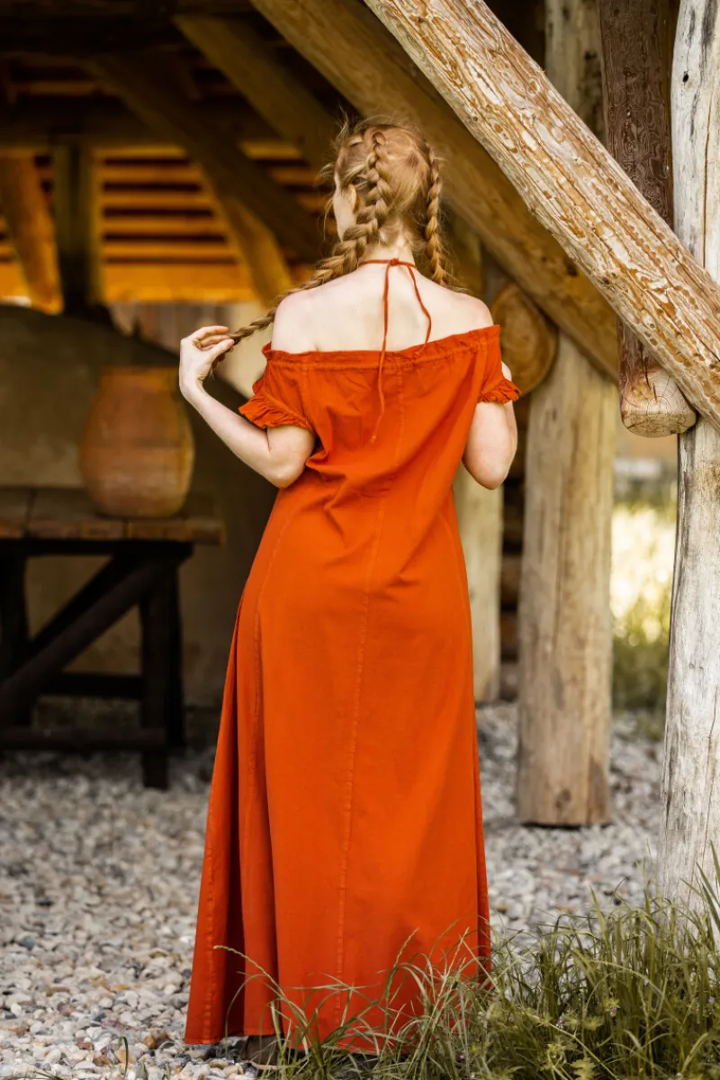Outlet Leonardo Carbone Bodenlanges Kleid mit Schulterrüsche "Clara" Rost