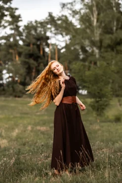 Online Leonardo Carbone Bodenlanges Kurzarmkleid "Melisande" Braun