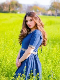 Hot Leonardo Carbone Edles Kurzarmkleid mit Bordüre "Ennlin" Blau