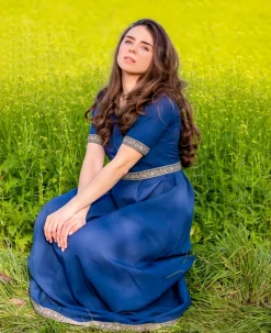 Hot Leonardo Carbone Edles Kurzarmkleid mit Bordüre "Ennlin" Blau