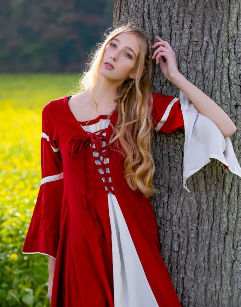 Best Leonardo Carbone Kleid mit Trompetenärmeln "Larissa" Rot/Natur
