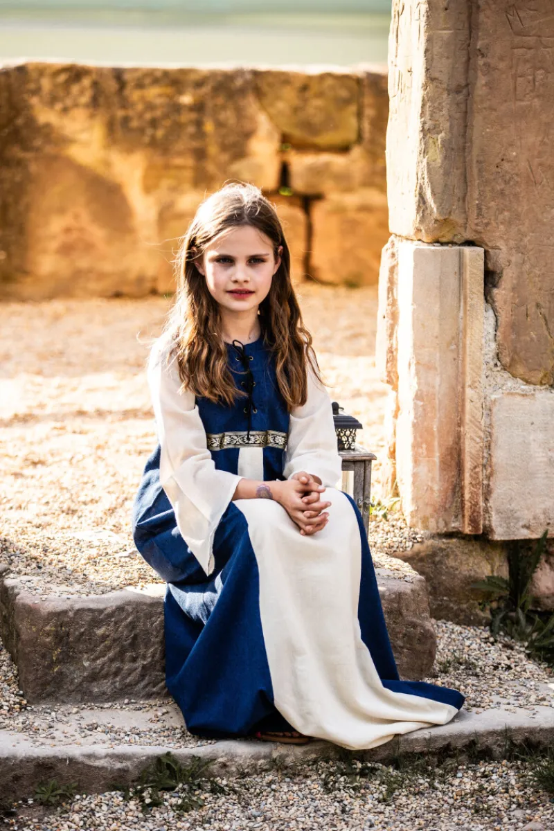 Sale Leonardo Carbone Mädchenkleid "Piccola Donna" Blau/Natur