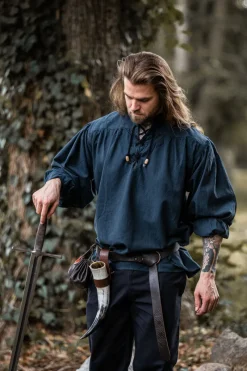 Flash Sale Leonardo Carbone Meliertes Stehkragen-Schnürhemd "Georg" Blau