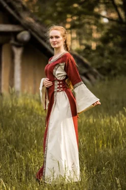 Best Leonardo Carbone Mittelalterkleid mit Bordüre "Sophie" Rot/Natur