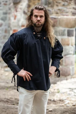 Hot Leonardo Carbone Piratenhemd "Claude" mit geschnürten Manschetten Schwarz