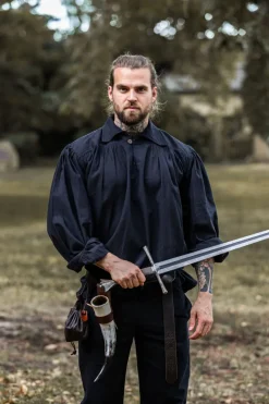 Store Leonardo Carbone Piratenhemd mit Kragen "James" Schwarz