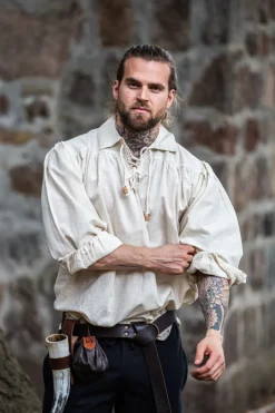 Shop Leonardo Carbone Piraten-Schnürhemd "Artur" mit Kragen Natur
