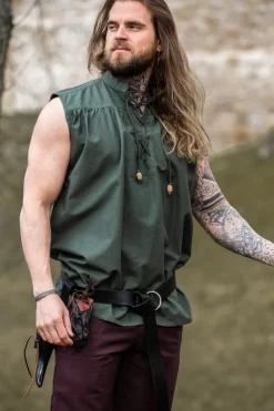 Best Sale Leonardo Carbone Ärmelloses Stehkragen-Schnürhemd "Louis" Grün
