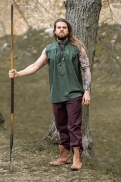 Best Sale Leonardo Carbone Ärmelloses Stehkragen-Schnürhemd "Louis" Grün