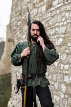Hot Leonardo Carbone Typisches Mittelalter Stehkragen-Schnürhemd "Friedrich" Grün