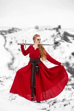 Hot Leonardo Carbone Wikinger Kleid 100% Leinen "Anna" Rot