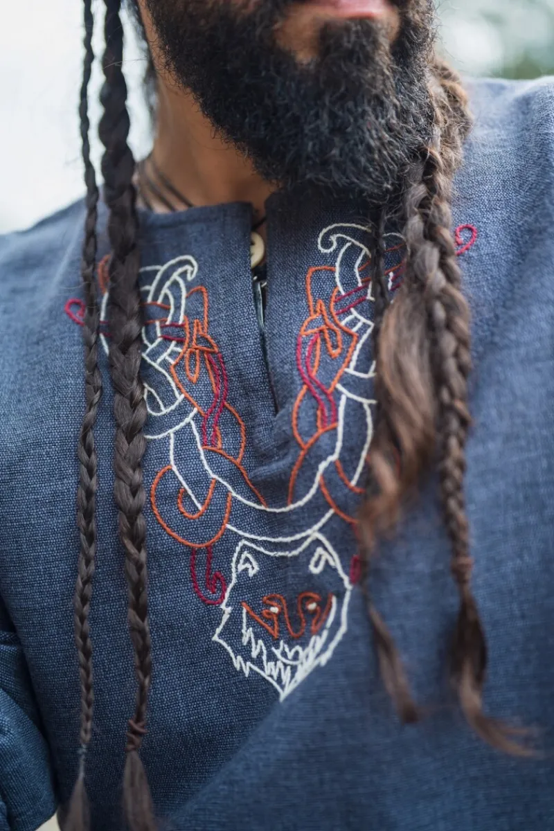 Store Leonardo Carbone Wikingertunika "Freki" mit Handstickerei Blaugrau